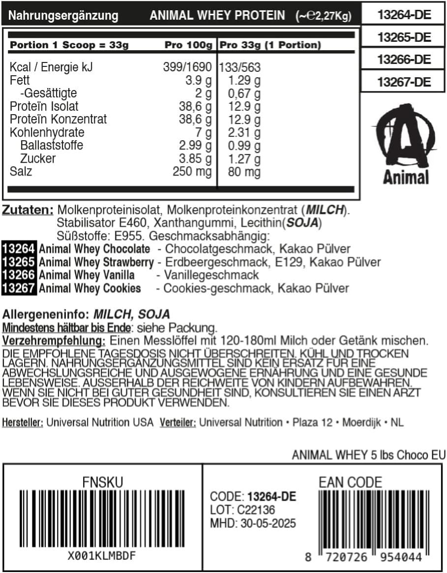 ANIMAL Isolate Whey Protein Pulver (Cookies and Cream) – mit 25g Protein & 4,6g BCAAs für den Muskelaufbau, Protein Shake mit Isolaten & verschiedenen Aminosäuren – 2,3kg