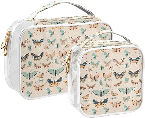 Miniatura 2 de Bolsa de aseo transparente con mariposas para viajar, paquete de 2 bolsas de cosméticos de maquillaje con cremallera, bolsa de viaje para artículos