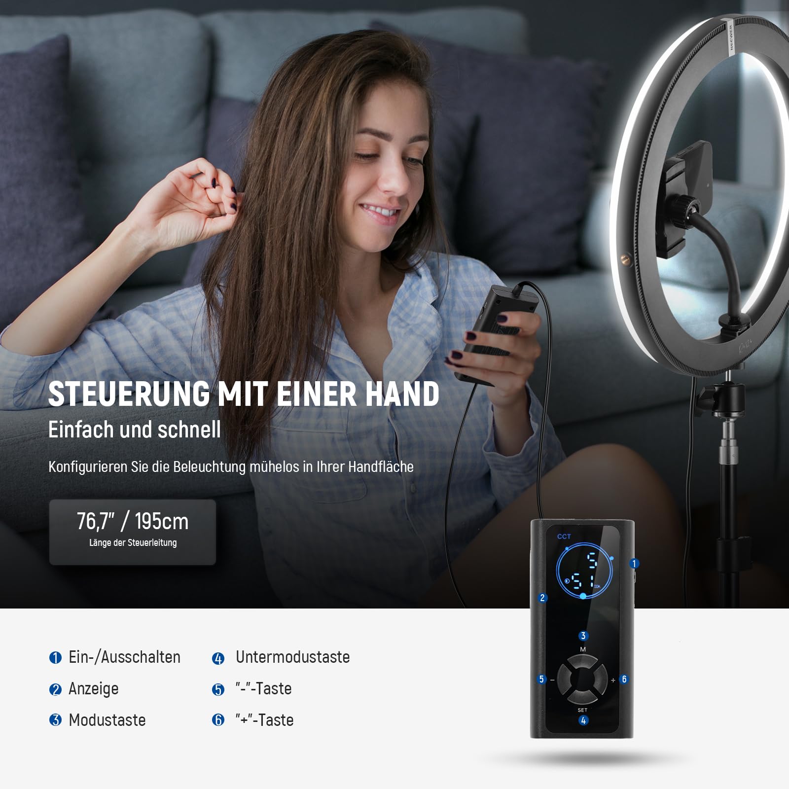 NEEWER 30,5cm(12Zoll) 24W Hochleistungs LED Ringlicht für Telefon mit 181 Zoll Halterung Bicolor 2900K-7000K USB Eingang Typ C PD CRI97+ 1810lux/0,5m 12 Szenen für Live Übertragung Zoom TikTok, RH12B