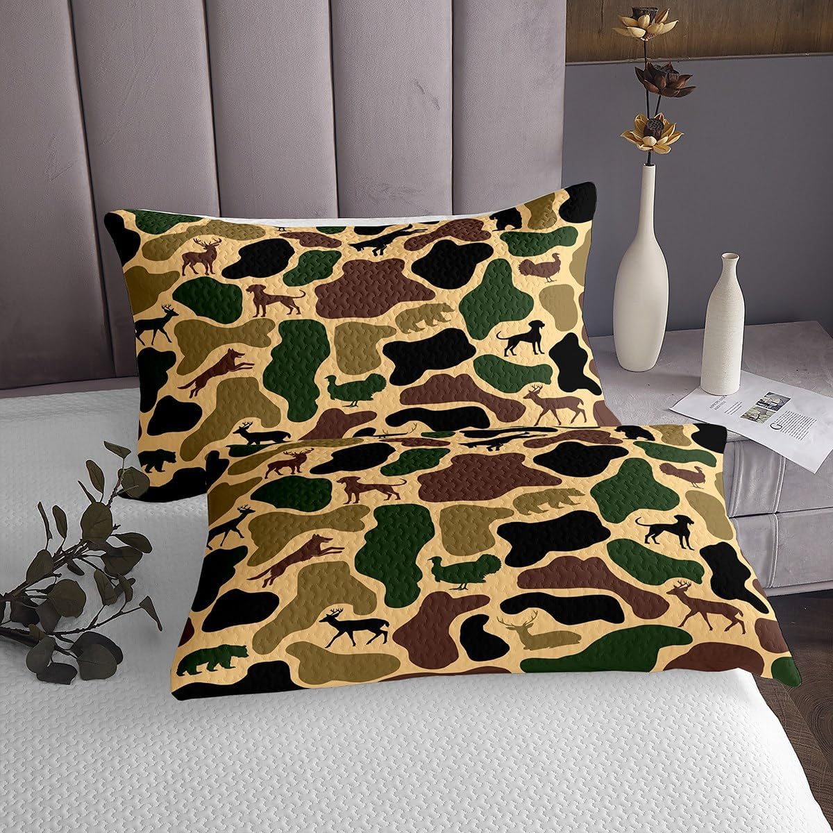 Erosebridal Hunt Bear Coverlet Set Queen Size Camo Bedding Set for Kids Boys Girls Wolf Turkey Deer Hound Print Quilted Coverlet Yellow Brown Camouflage Quilted