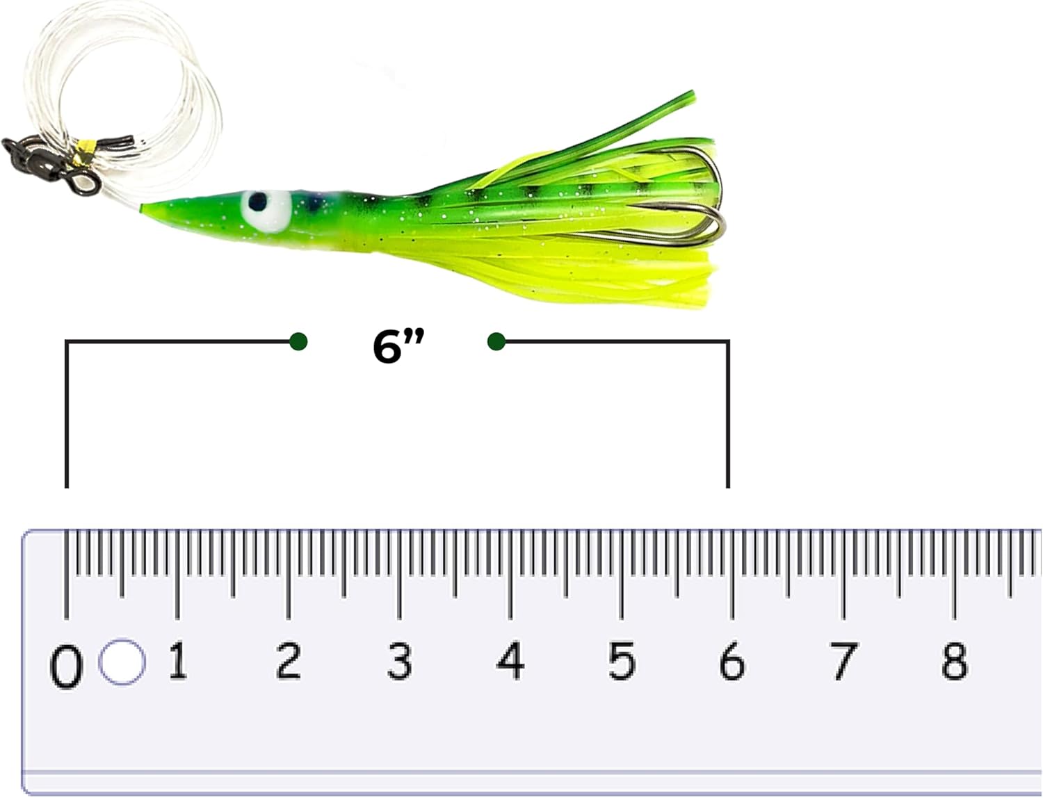 6" Tuna Clone Rigs, 6 Pcs Yellow/Green for Saltwater Fishing, Durable Soft Plastic Lures, Ideal for Tuna and Multiple Species