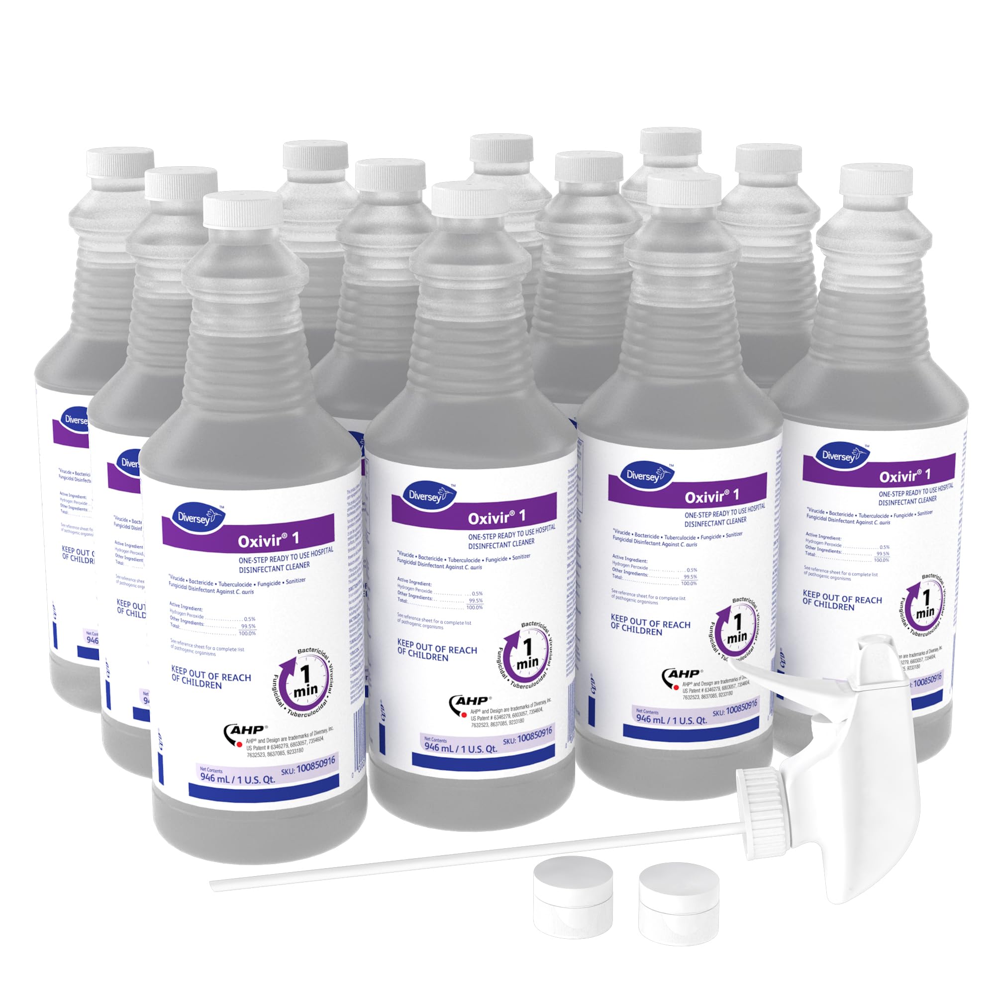 Oxivir Diversey 1 100850916 One Step Hospital Strength Liquid Disinfectant Cleaner, Accelerated Hydrogen Peroxide AHP, Ready-to-Use, 32-Ounce (Pack of 12 Bottles + 1 Spray Trigger)