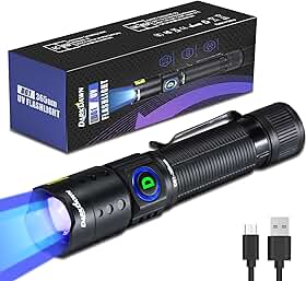 DARKDAWN Lanterna UV 365 nm, mini USB recarregável ultravioleta LED luz negra lâmpada de madeira fluorescente potente detector portátil para manchas de urina de animais de estimação, vidro de urânio,