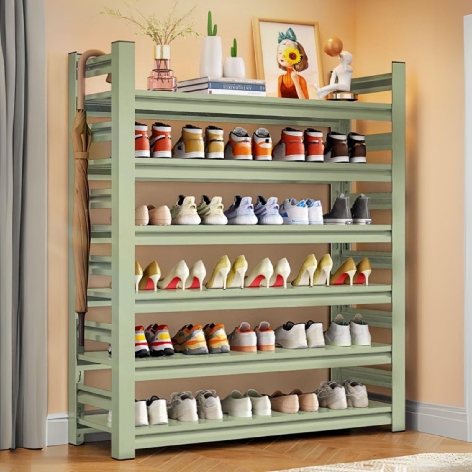 Meuble chaussures d'entrée vert en métal pour ranger 18 paires