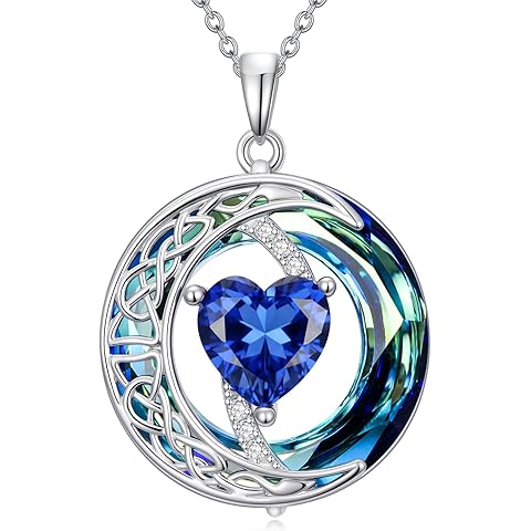 Birthstone Necklace for Women Celtic Moon Pendant Blue Crystal Necklace Heart Jewel...