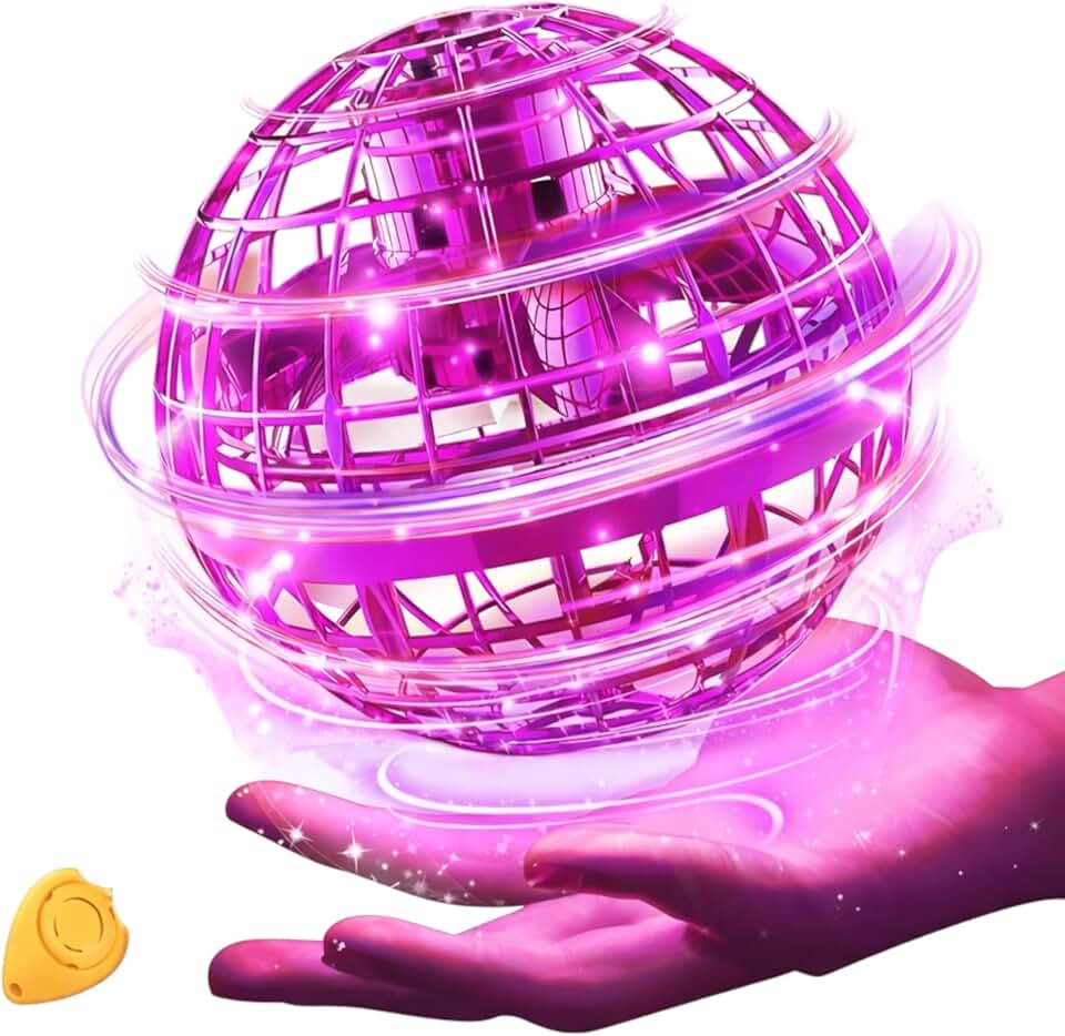 Bola Drone Voadora 360° Controlado à Mão, com Luzes LED e Controle Infravermelho – Bola Flutuante Infantil Recarregável Via USB, Interativa para Crianças, Brinquedo Voador (Rosa Metálico)