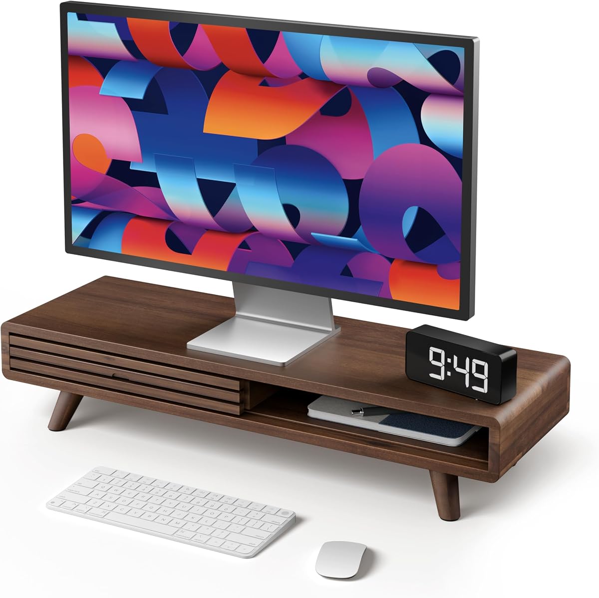 24" Wooden Monitor Stand Riser with Storage Organizer, Walnut Color | Acacia Wood, Sliding Door, Cable Management, Fits up to 32" Monitors, Multi-purpose Storage, Used for Computer, Laptop, TV