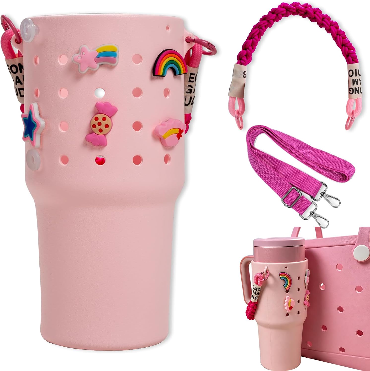 Water Bottle Carrier with Strap for 40oz Stanley Cup, EVA Tumbler Holder with Adjustable Strap & Handle, Clip-On Cup Bag for Bogg Bags, Stanley Cup Accessories for Travel, Walking & Hiking(Pink)