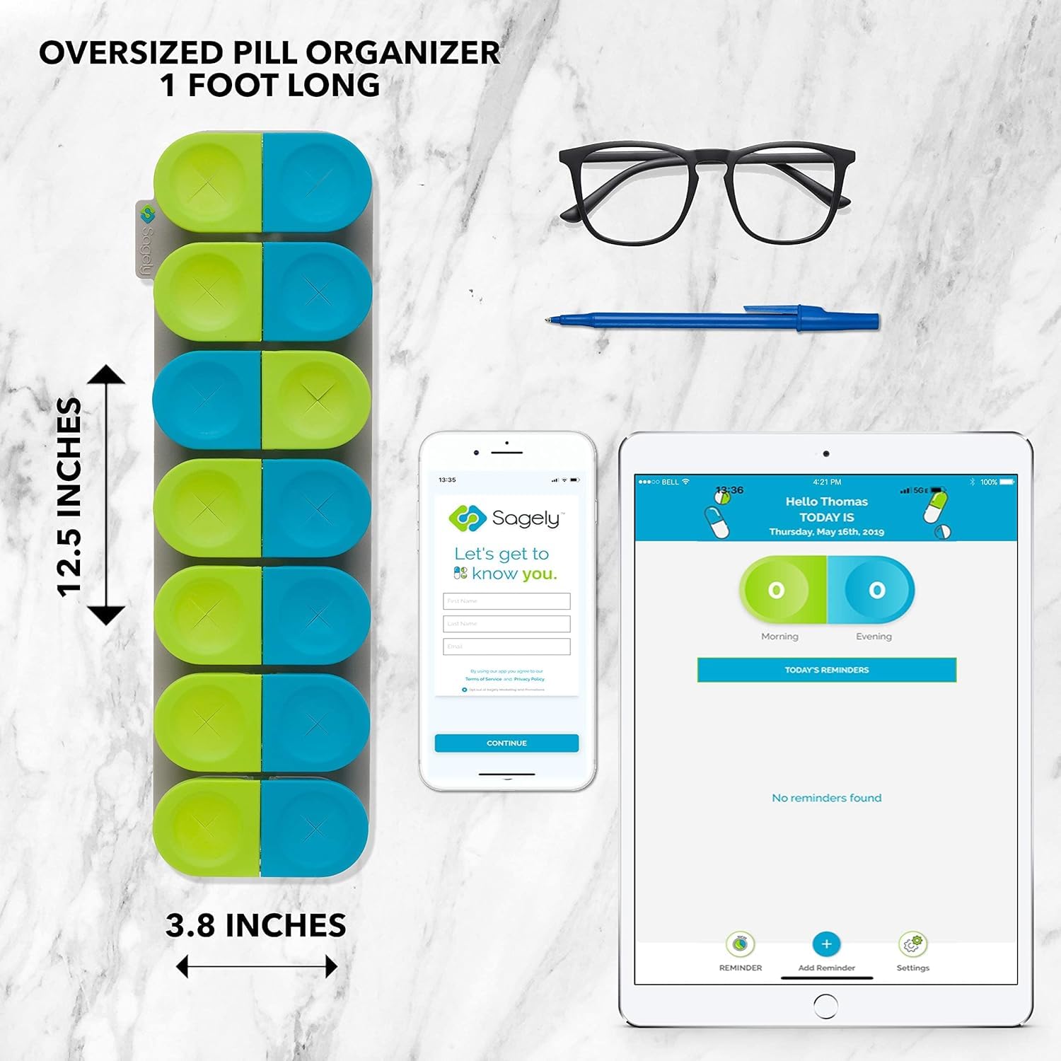 Sagely organizador inteligente de píldoras semanal – encaja 2 píldoras al día caja con envases de viaje de 7 días y recordatorio de la aplicación en azul/verde