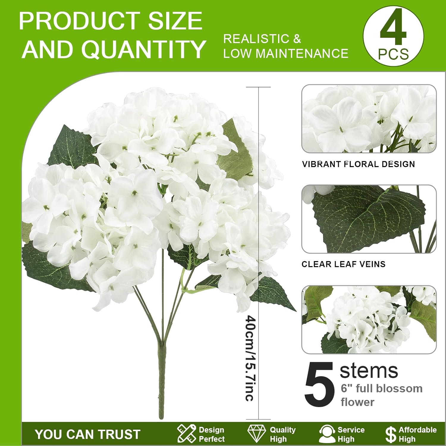 Daynight 4 Pcs Hydrangea Artificial Flowers Outdoor Silk Bouquets, UV Resistant Faux Hydrangeas Flowers for Table Vase Centerpieces Outside Party Wedding Baby Shower Home Outdoor Decor (4, White)
