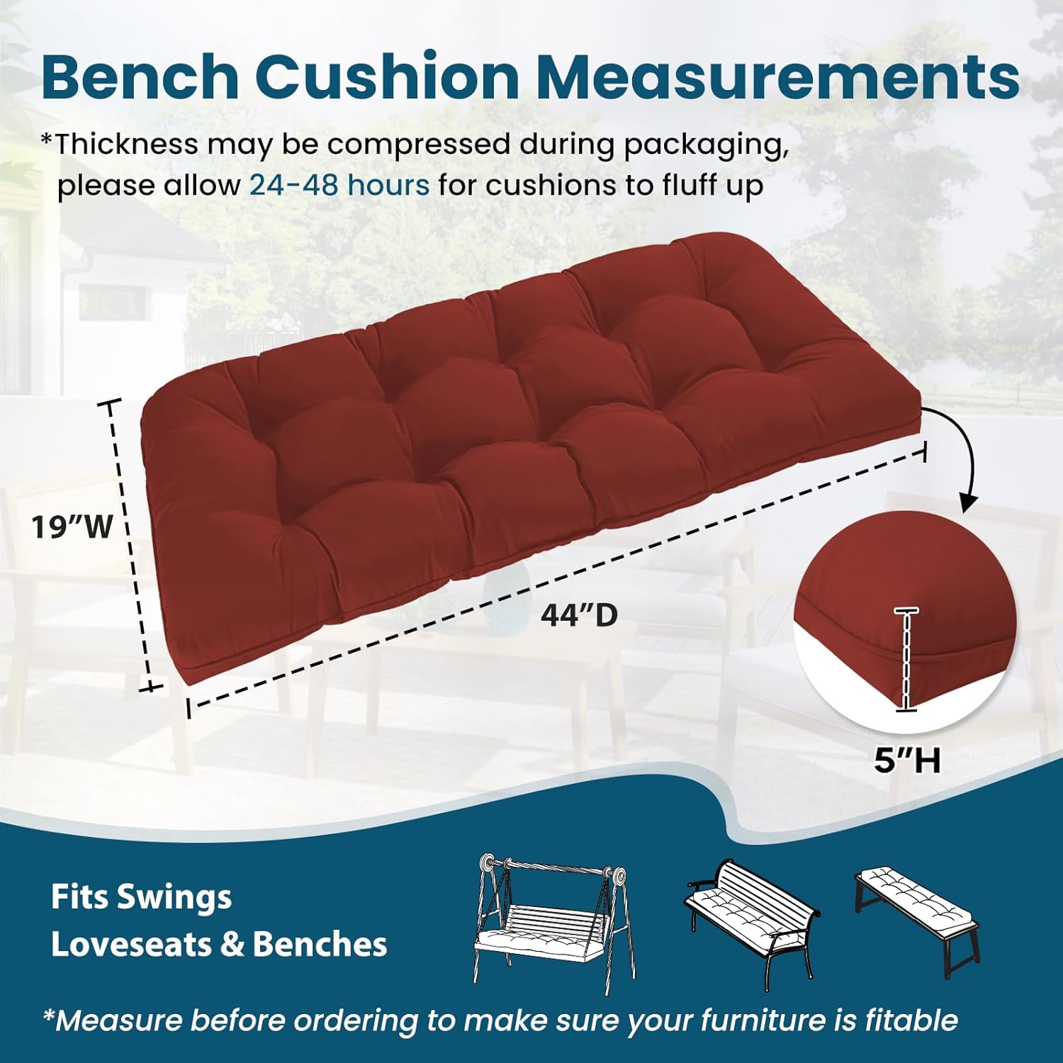 tufted bench cushions for outdoor furniture, 44" x 19" porch swing cushions filled with foam, overstuffed patio cushions for bench loveseat with 2-3 seats,thick and water resistant, brick red brick red 44" x 19" x 5"