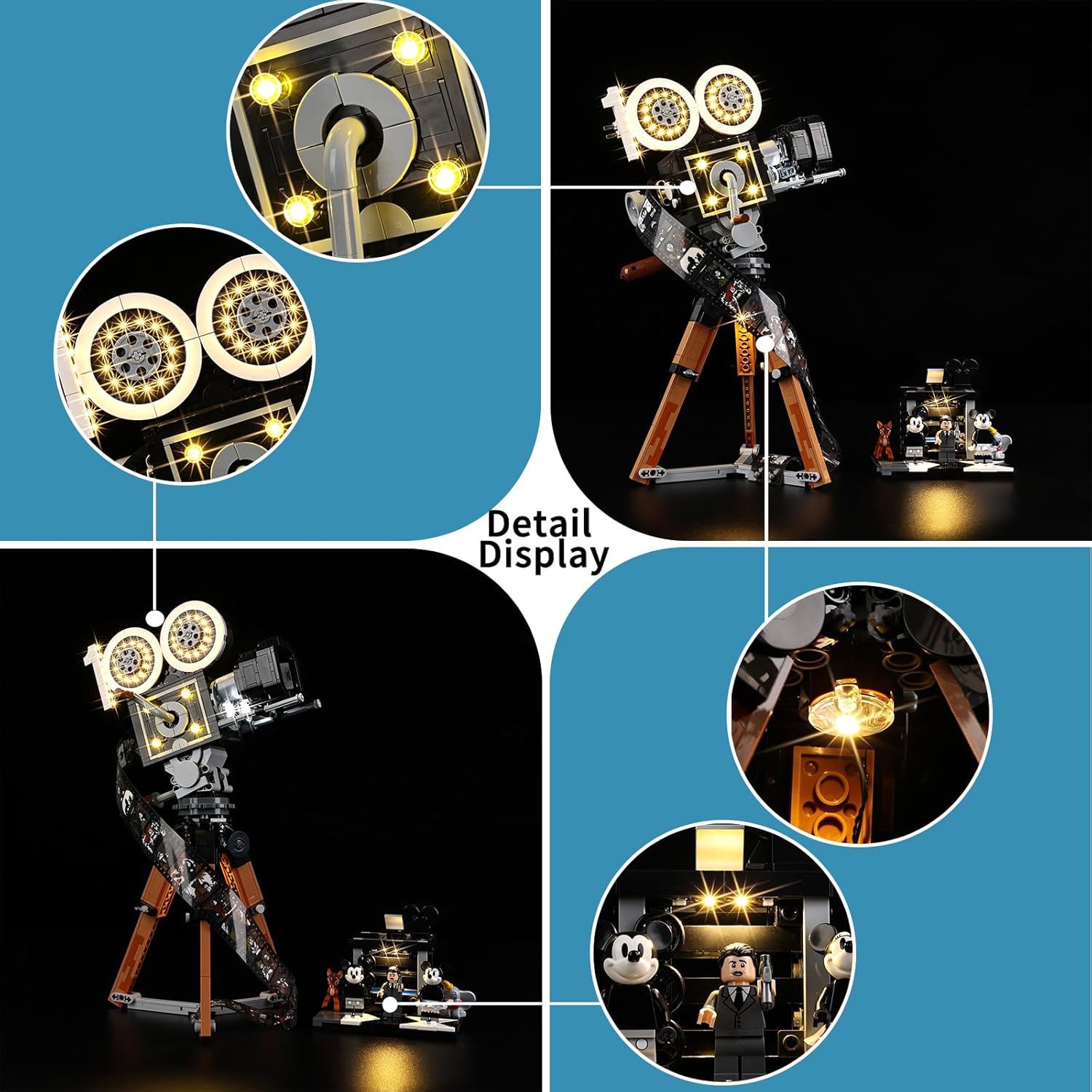 Detailed view of LED lights installed in the film reels and central lens area of the Lego camera.