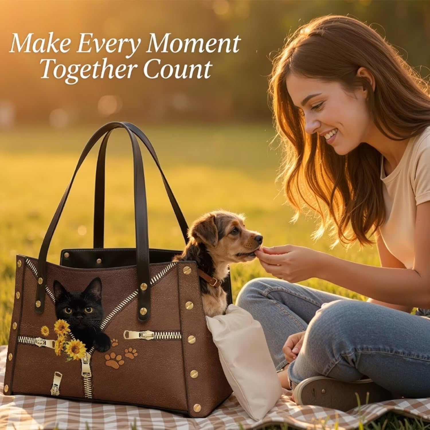 Black Cat Leather Cat Carrier for Small Dogs Sunflower Collapsible Pet Soft Sided Carrier Purse Waterproof Travel Tote Bag for Puppy Outdoor