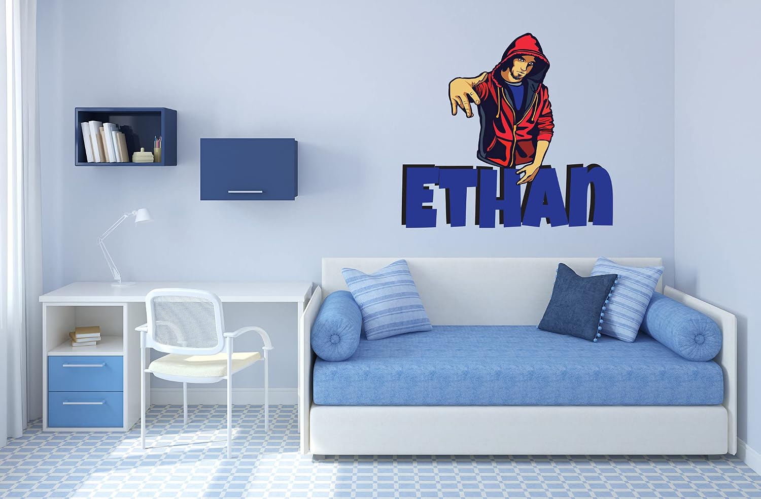 Custom Name Wall Decal - Famous Boy with Hoddie - Rapper Boy - Wall Decal for Home Bedroom Nursery Playroom Decoration (Wide 40"x40" Height)