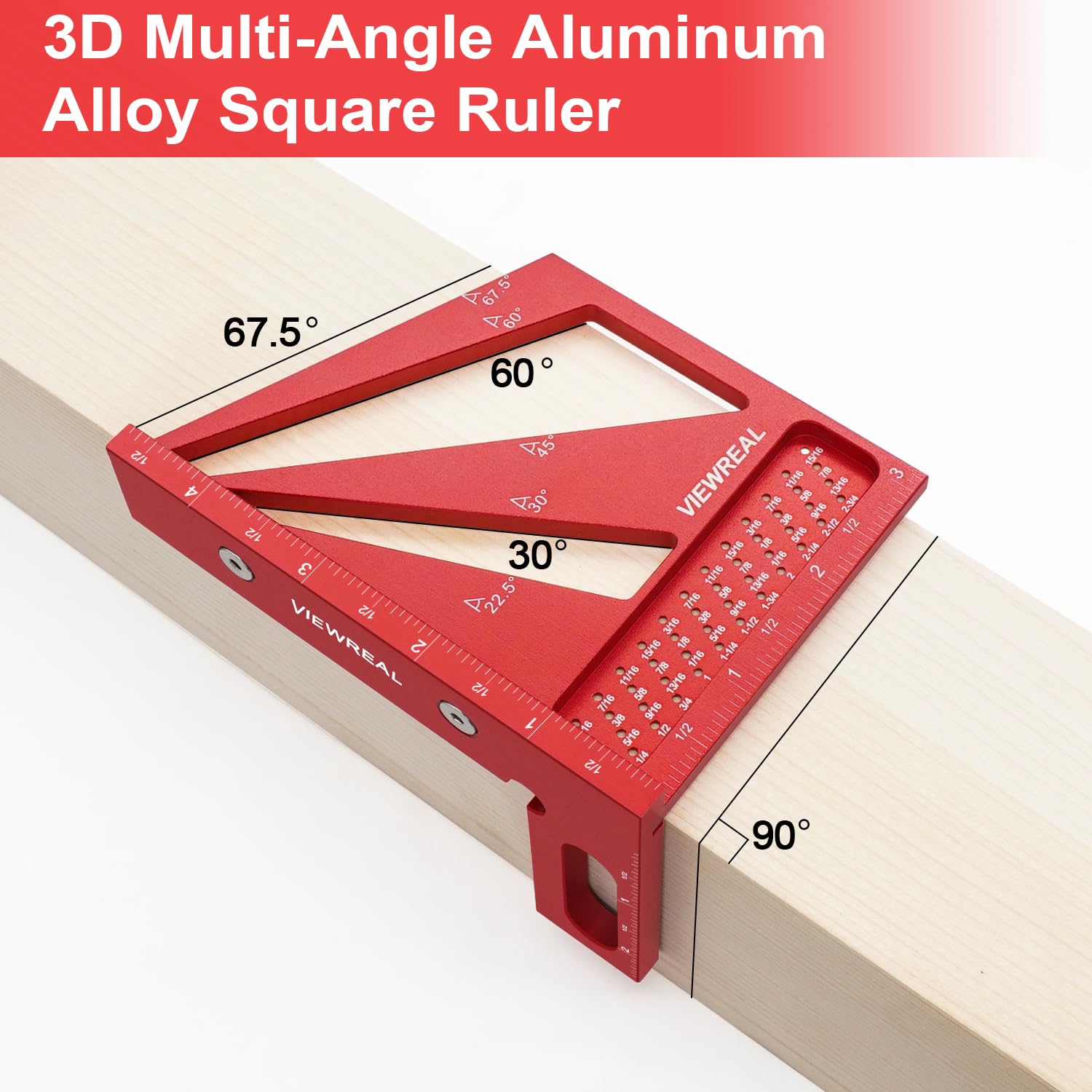 Multi-Angle 3D Measuring Ruler: 22.5/30/45/60/67.5/90 Degree Aluminum Alloy Square Ruler Protractor, Ideal for Engineer Carpenter Crafting, Drawing