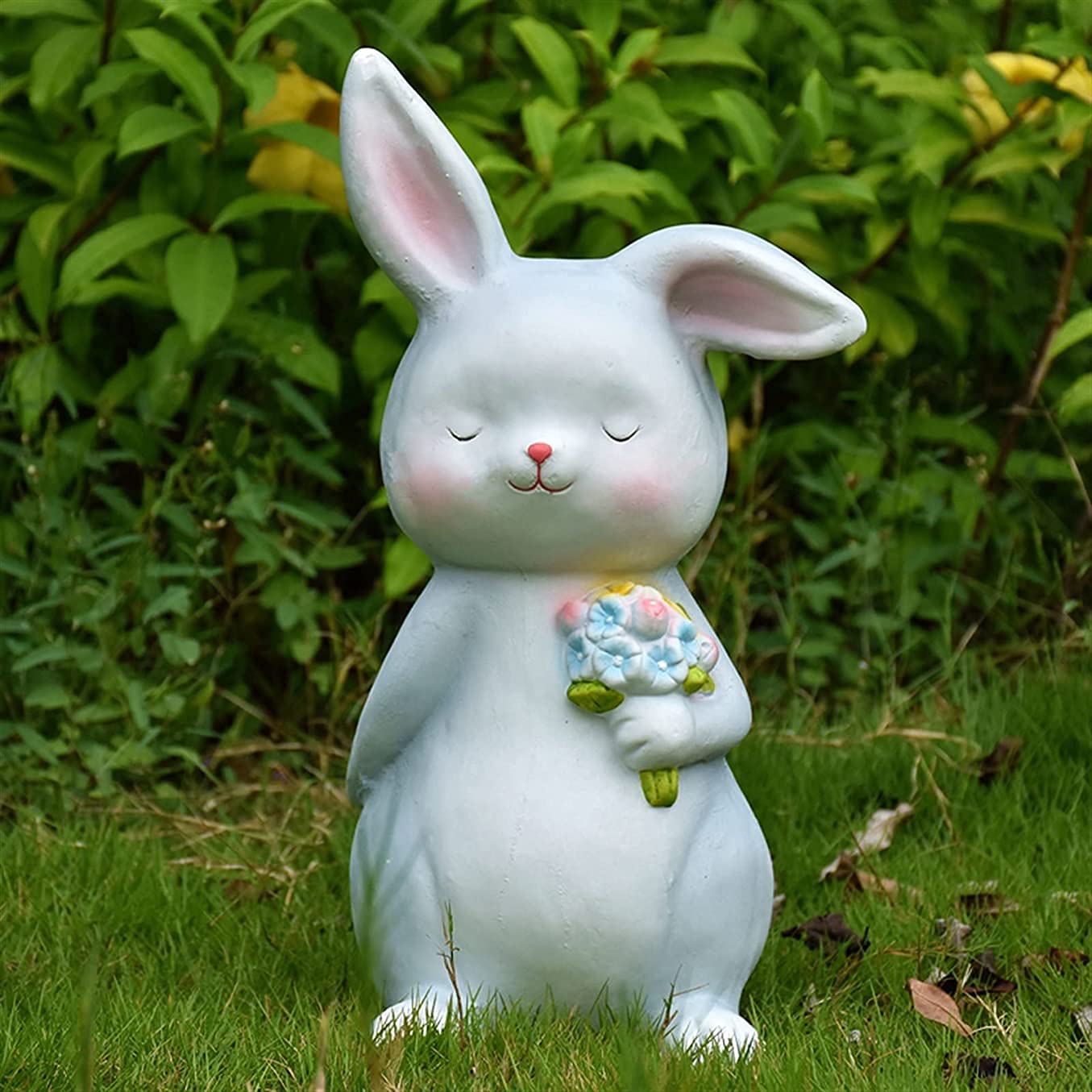Figurka królika ogrodowego z żywicy, uroczy króliczek trzymający kwiaty na zewnątrz trawnik statuetka dekoracja, 45 cm wysokości