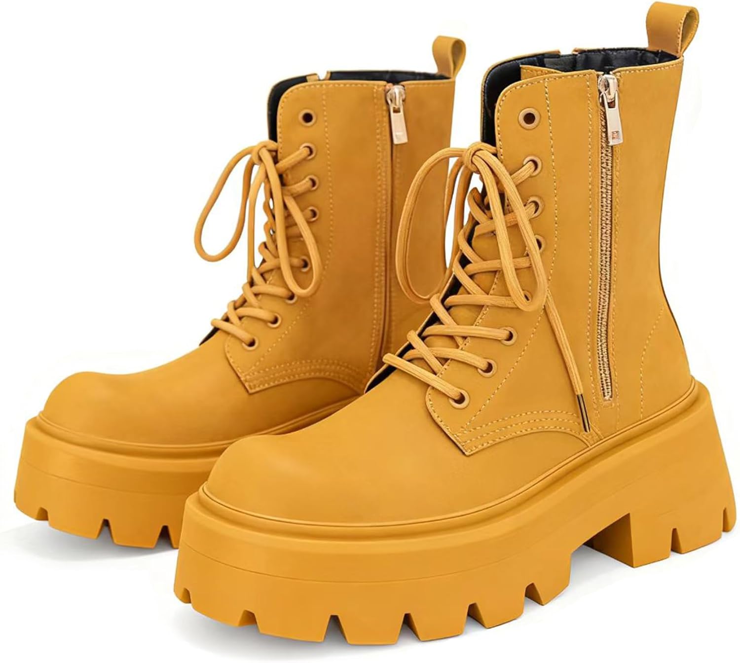 CrazySavage Men's Black Leather Lace-up Platform Combat Boots Wide Toe Side Zipper Chunky Heel Lug Sole Ankle Booties Comfort High Top Waterproof Biker Boots