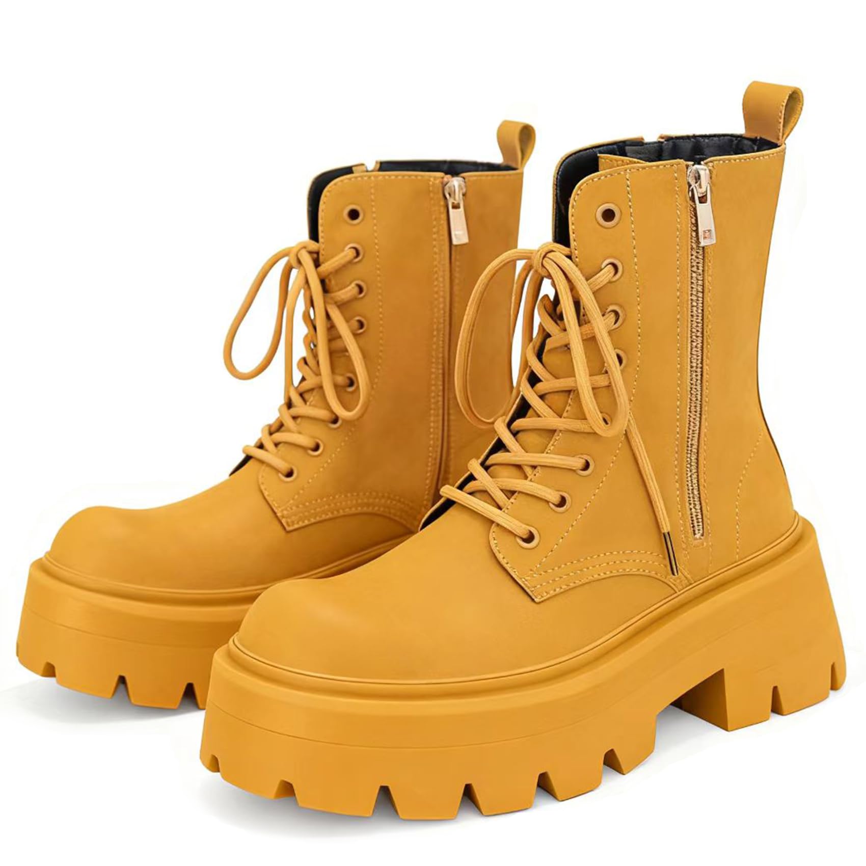 Men's Black Leather Lace-up Platform Combat Boots Wide Toe Side Zipper Chunky Heel Lug Sole Ankle Booties Comfort High Top Waterproof Biker Boots