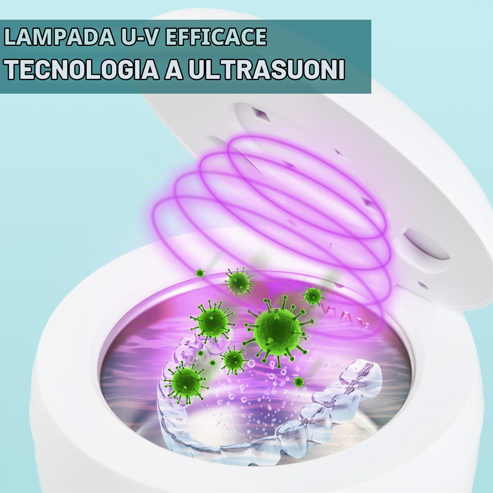 Pulitore Ultrasuoni 45kHz Lampada UV 200ML Ultrasonic Cleaner Pulizia Ultrasuoni per Bite Pulitore a Ultrasuoni per Apparecchio Denti,Protesi Dentarie,Allineatore Dentale,Gioielli,Testine Spazzolini
