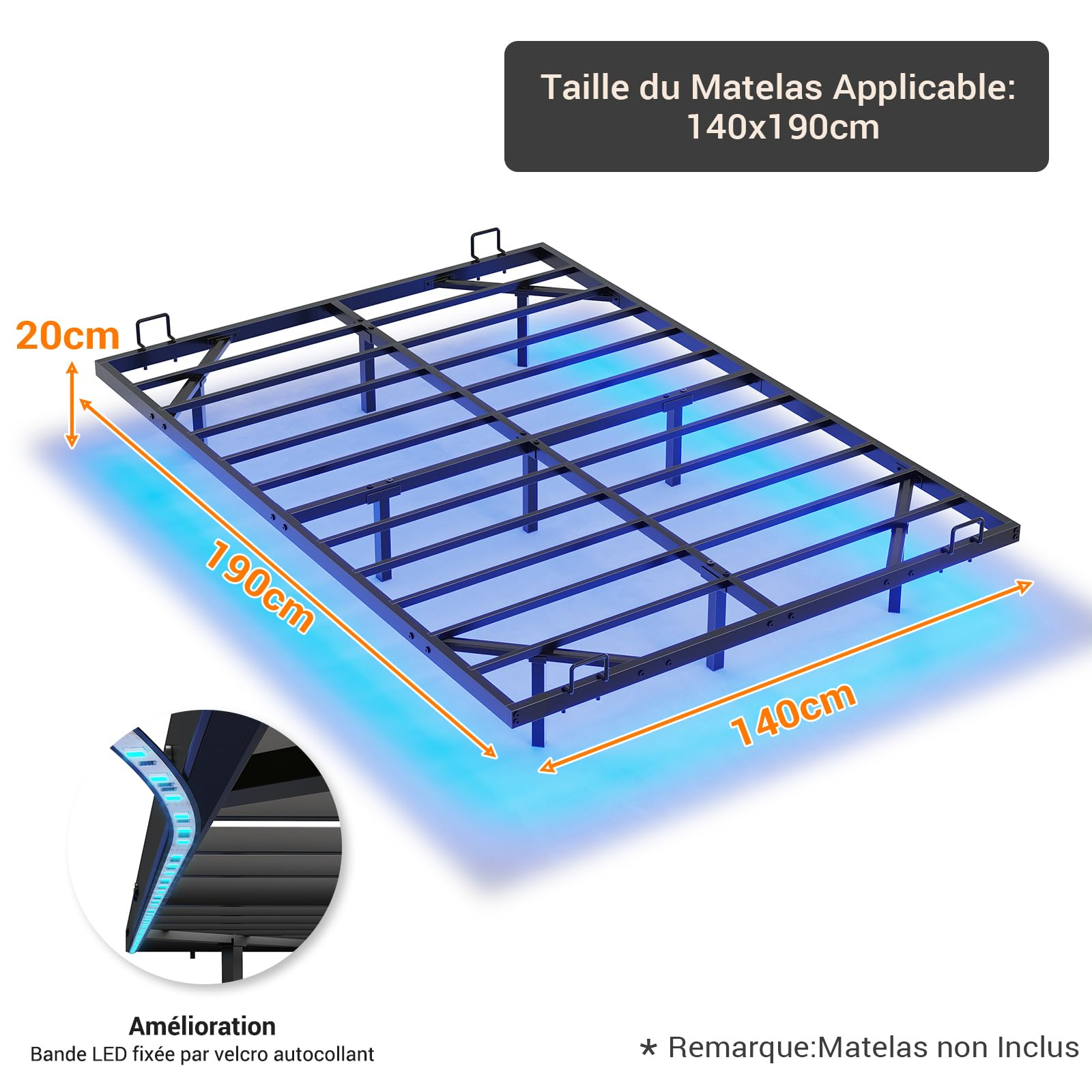 DICTAC Lit 140 x 190 avec Sommier Métal Cadre de Lit 140x190 avec Éclairage LED,lit 2 Personnes avec sommier à Lattes Lits Flottant Double,Structure Solide,Facile à Assembler,Noir-sans Matelas