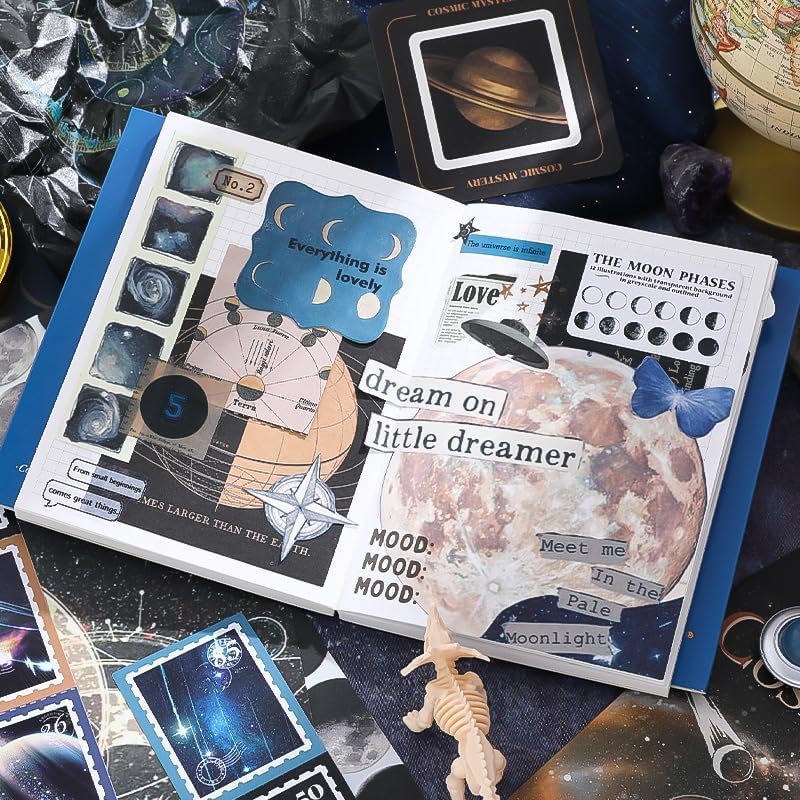 Image of MGNLR Vintage Aesthetic Scrapbook Kit(346Pcs) Scrapbooking Supplies Kit with Bullet Junk Journal,Stationery,A6 Grid Notebook Journaling Gift for Girl (Black Space Cosmos)