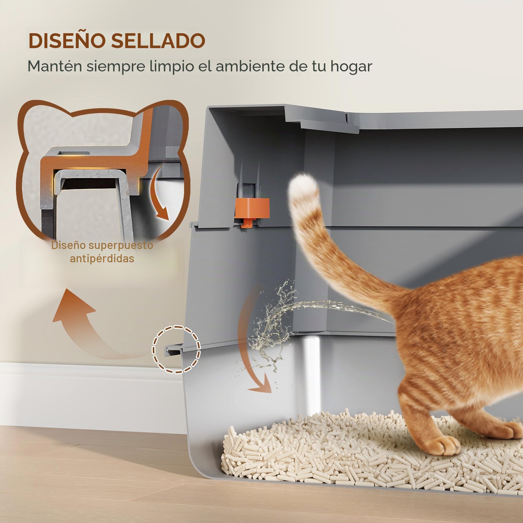 Arenero Acero Inoxidable Gatos XXXL, 70 x 50 x 45 cm, Gris Oscuro | Arenero Cerrado para Gatos con Tapa, Tapa Plegable 105°, Incluye Pedal y Pala, Fácil de Limpiar, Diseño Modular FPLB207SG2