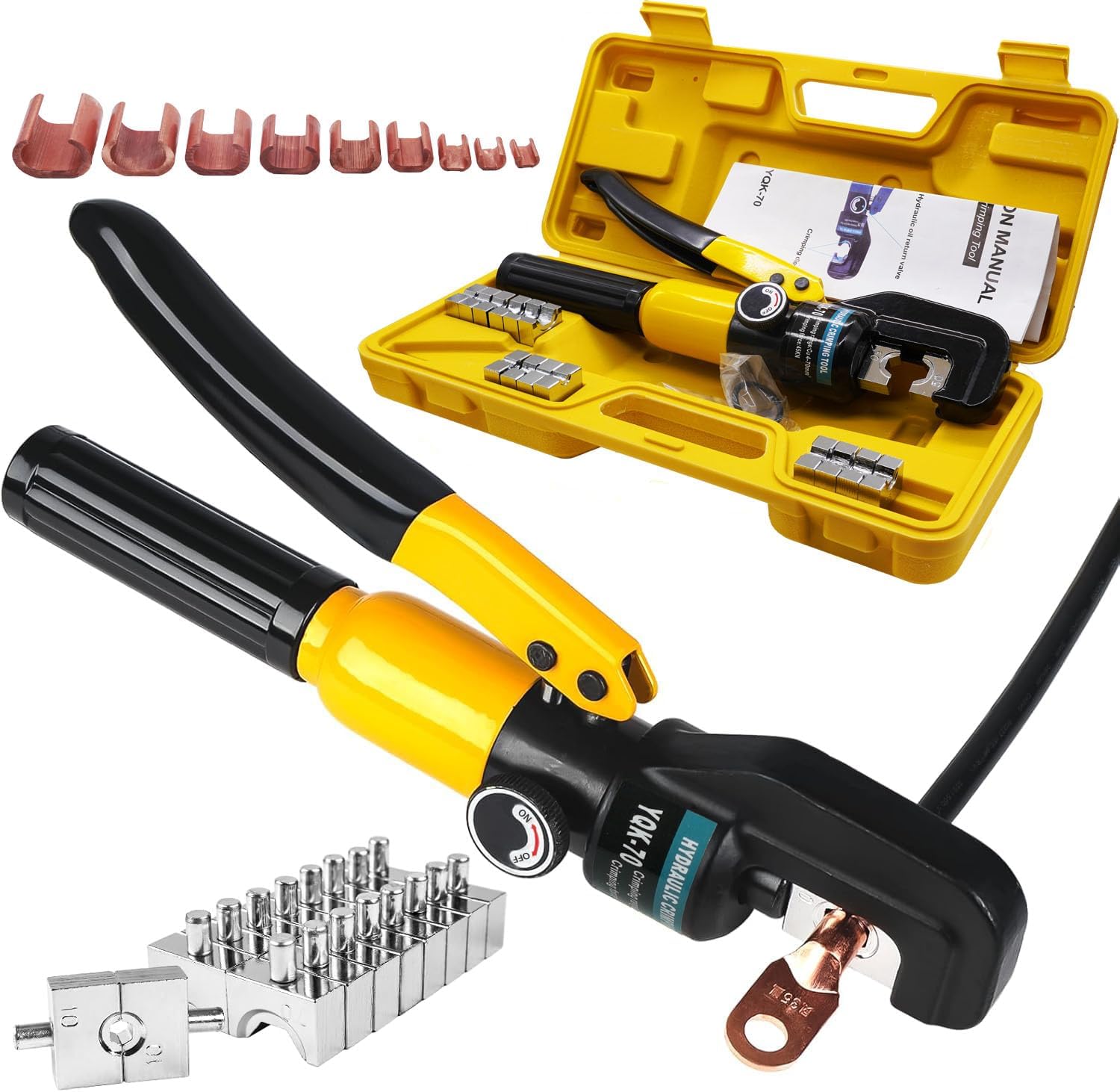 Hydraulic Crimping Tool and Wire Crimping Tool Kit, Range 12AWG-2/0AWG, 8 Pairs Of Dies For Hydraulic Hose Crimper and Electrical Terminal Cable Wire,8pcs of C Shape Wiring Connector (1)