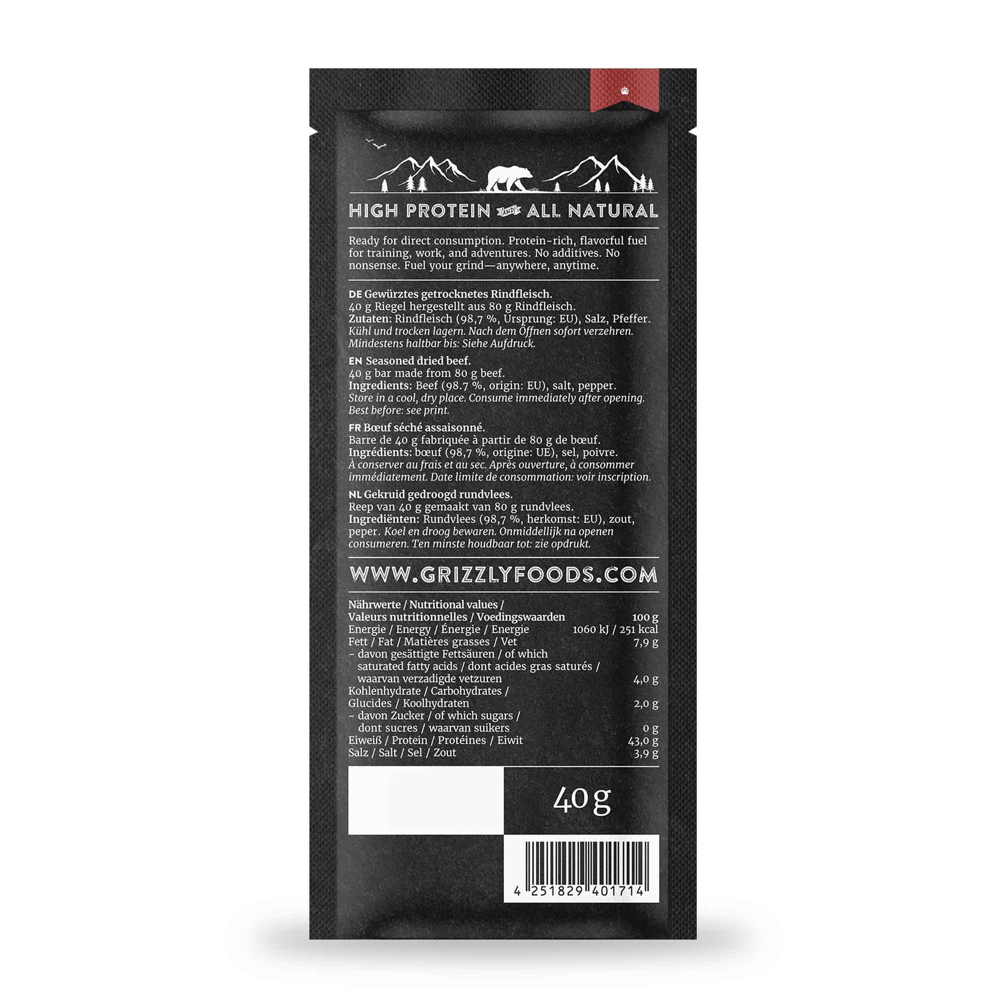 Grizzly Foods • Carnivore Beef Bars (5 x 40g) • 100% Rindfleisch • Hoher Eiweißgehalt • Ohne Zucker & Zusätze • Low Carb Snack • Fleischriegel für Sport, Fitness, Muskelaufbau & unterwegs