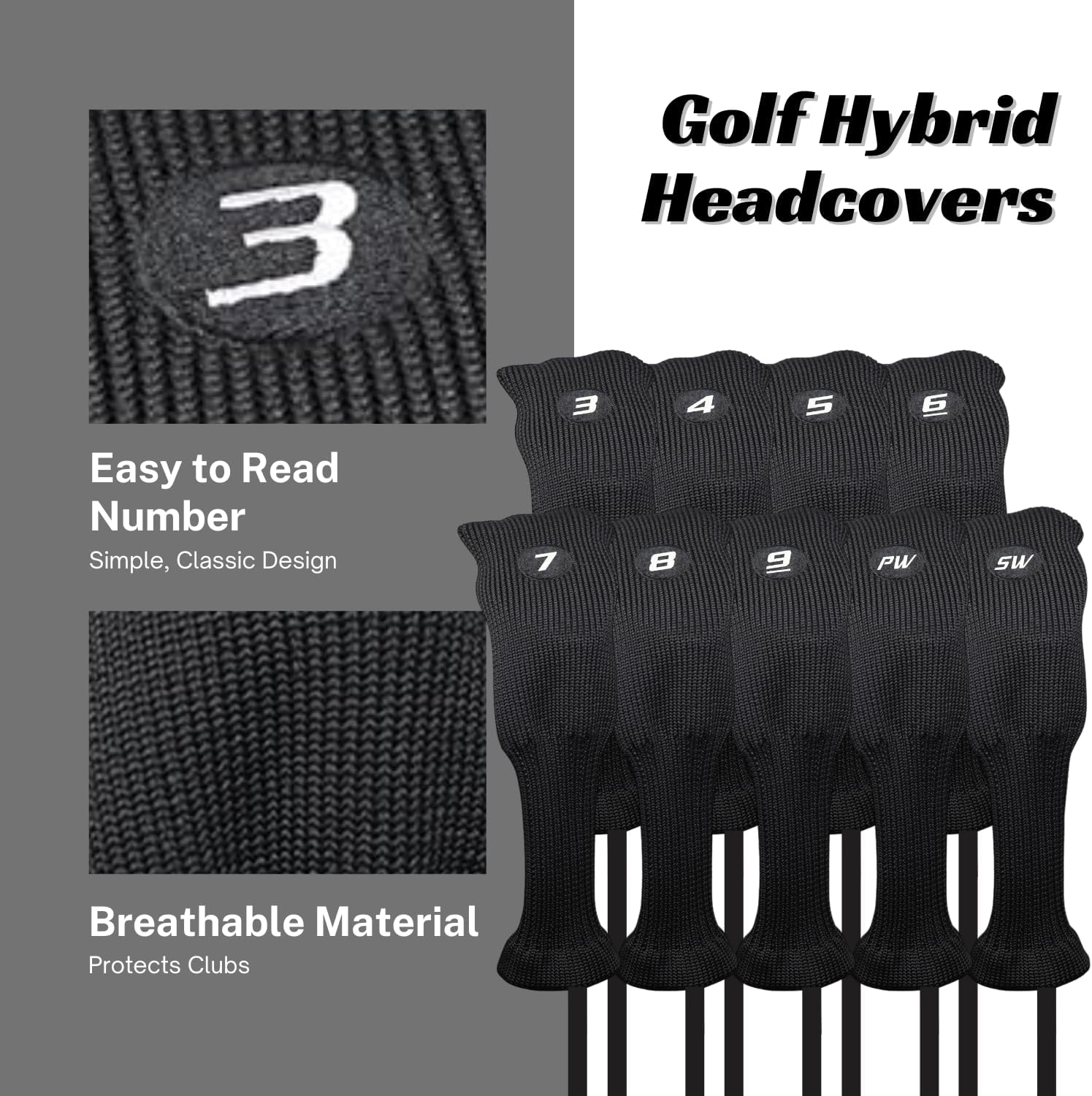 Majek All Hybrid Golf Club Black Sleek Tight Fit Headcover Set 3-SW Acrylic Head Covers 3 4 5 6 7 8 9 PW SW (Total of 9 Hybrid Head cover Set)