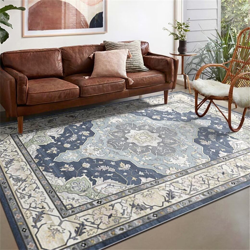 Tapis de salon bleu à motif floral vintage pour pièce de vie