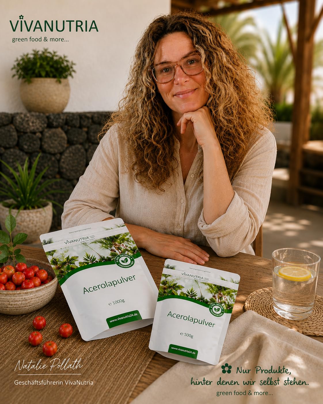 VivaNutria Acerola Pulver I natürliches Vitamin C Pulver als Acerola Frucht-Pulver für Smoothies/als Müsli-Topping I Acerola Kirsche aus kontrolliertem Anbau, laborgeprüft I vegan (1000 g)