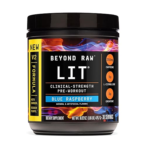 BEYOND RAW LIT V2 Clinical Strength Pre Workout Powder, Hits Harder, Bigger Pumps, Caffeine, L-Citrulline, Creatine, Blue Raspberry, 30 Servings