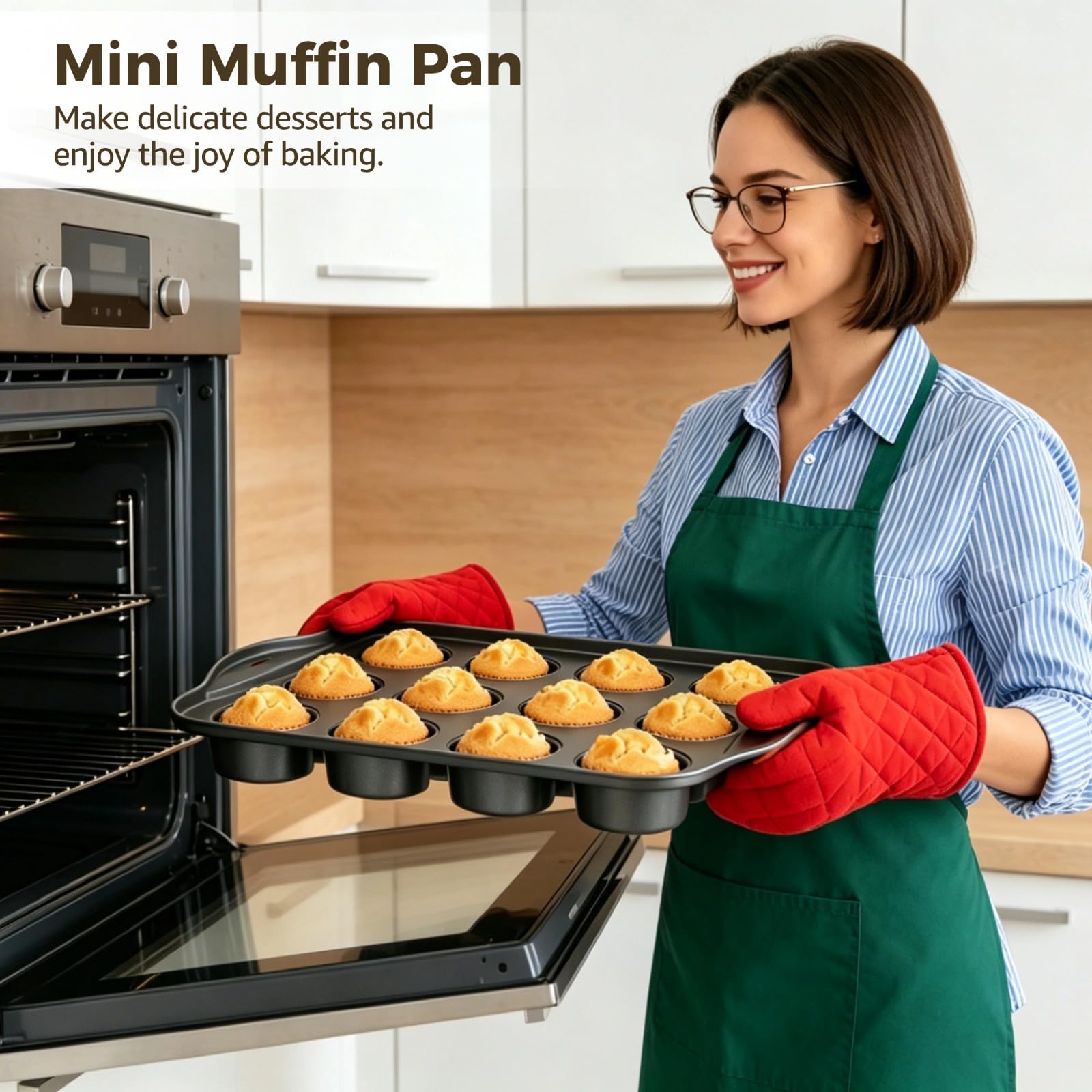 Lot de 2 mini moules à muffins, 12 cavités, en acier au carbone, plaque de cuisson pour cupcakes avec fonds amovibles, revêtement antiadhésif, pour mini cheesecakes, quiches et pain de maïs