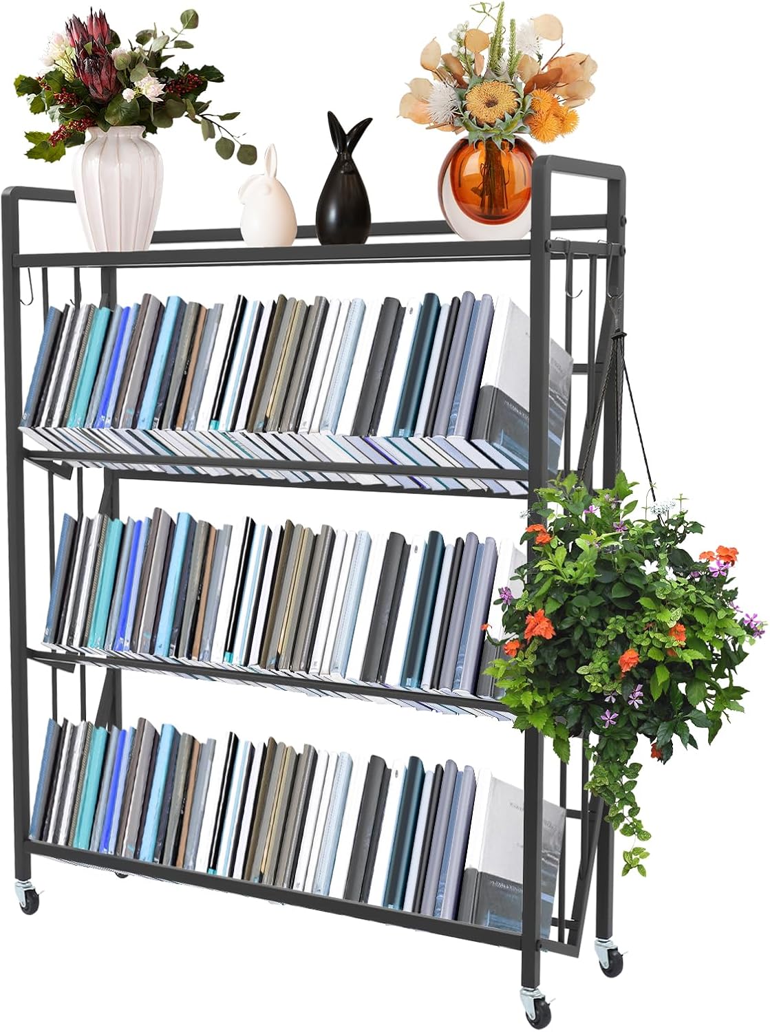 4-Tier Rolling Book Cart, /35.4''Lx9.8''Wx44''H Large Capacity Mobile Bookshelf with Locking Wheels, Bookshelf Storage Rack Mobile Book Storage for Home Office Classroom, 30lb/Tier (Black)