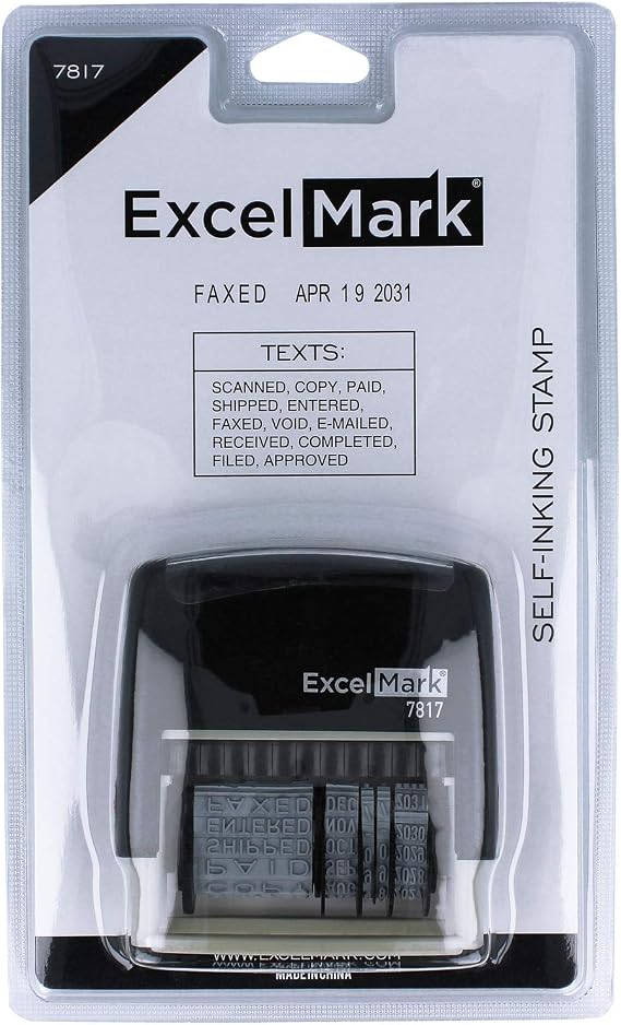 ExcelMark 12 Phrase Self-Inking Date Stamp - 2 x 1/4 Impression - Black Ink (7817)