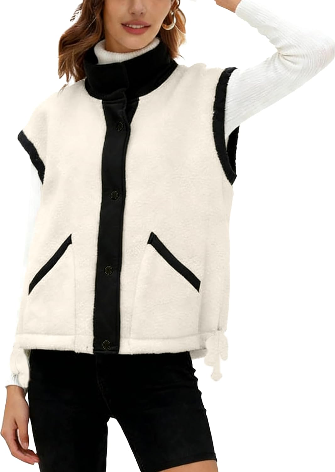 Womens Sherpa Vests Fuzzy Oversized Mock Neck Vest Button Down Winter Warm Clothes