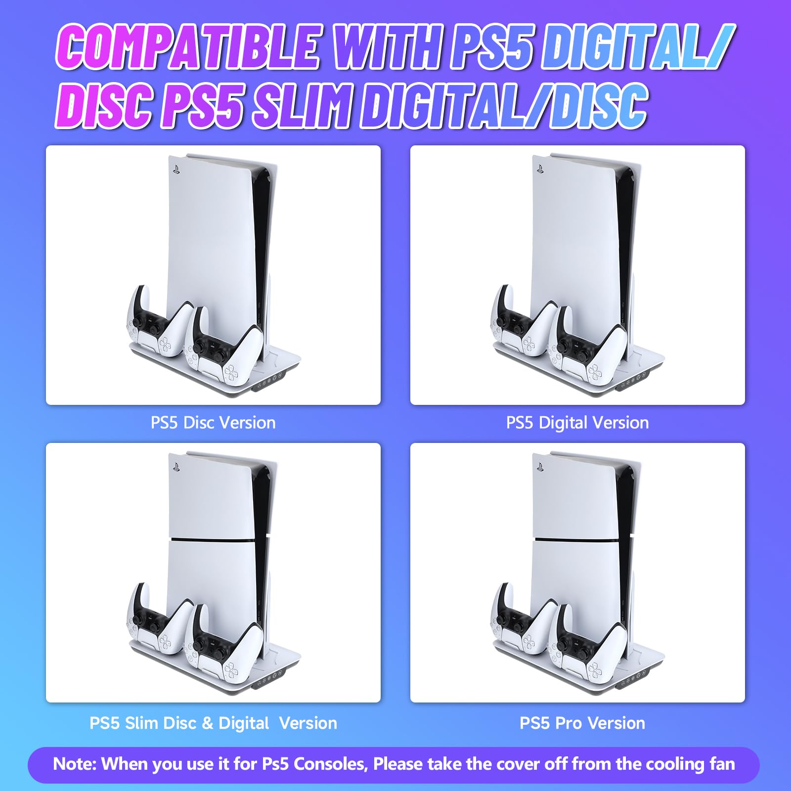Supporto Verticale con Raffreddamento per PS5/PS5 Pro/PS5 Slim: Base di Ricarica con Doppio Caricatore, 3 Porte USB, Ventola a 3 Velocità e Luci RGB, Accessorio per PS5/PS5 Slim Pro