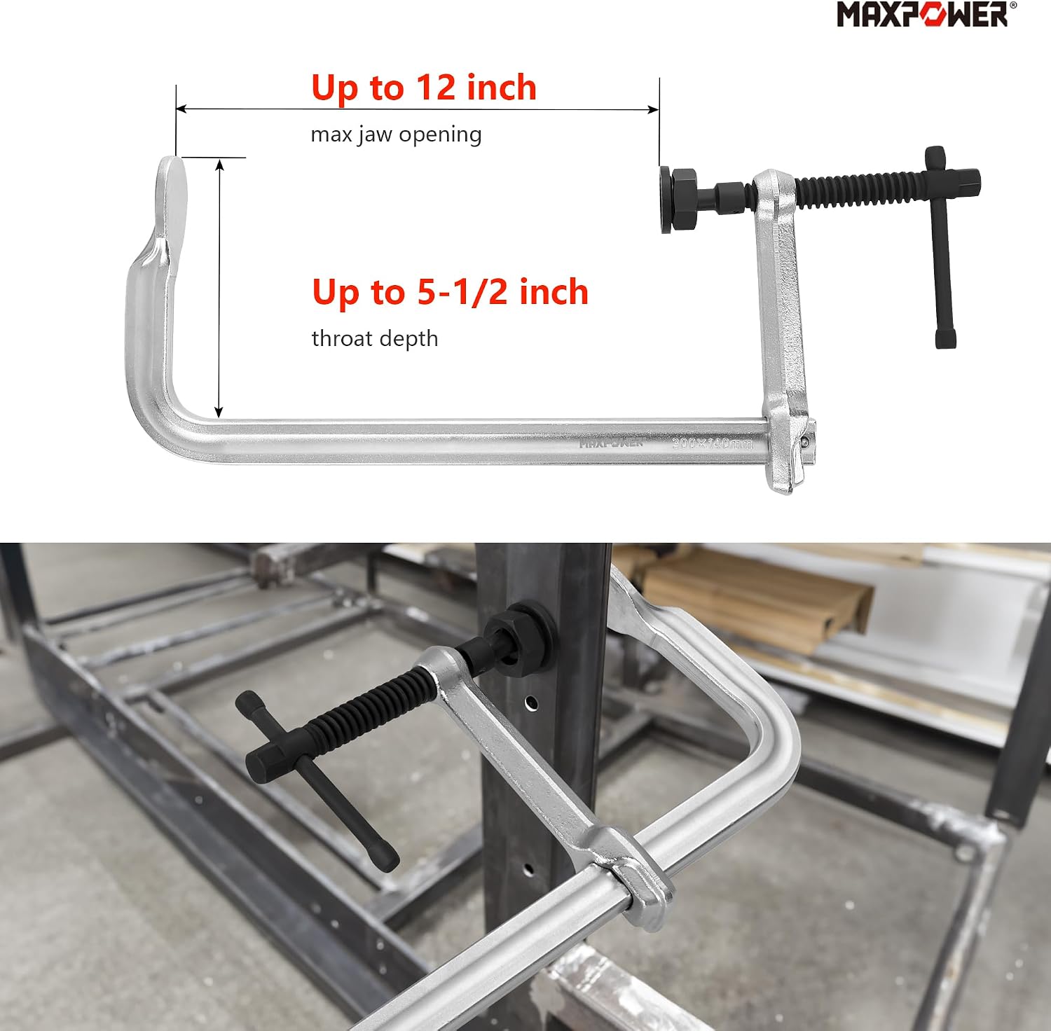MAXPOWER Heavy Duty F Clamp, 12" Opening, 5-1/2" Throat, 3450 Lbs. Clamping | Replaceable Swivel Pads, Drop-forged Sliding Arm, Black Oxide Spindle