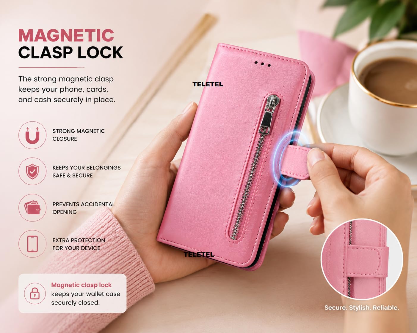 TELETEL for Redmi Note 13 Mobile Zipper Flip Cover Wallet Card Holder Case | Magnetic Lock | Shockproof (Vegan Leather- Pink) 2