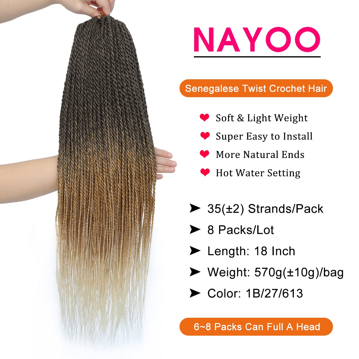 NAYOO Small Crochet Hair Senegalese Twist, 18 Inch 8 Packs Ombre Crochet Braids Hair, 35 Strands/Pack Crochet Twist Hot Water Setting, Pre-Lopped Twist Crochet Hair for Black Women(18 Inch, 1B/27/613)
