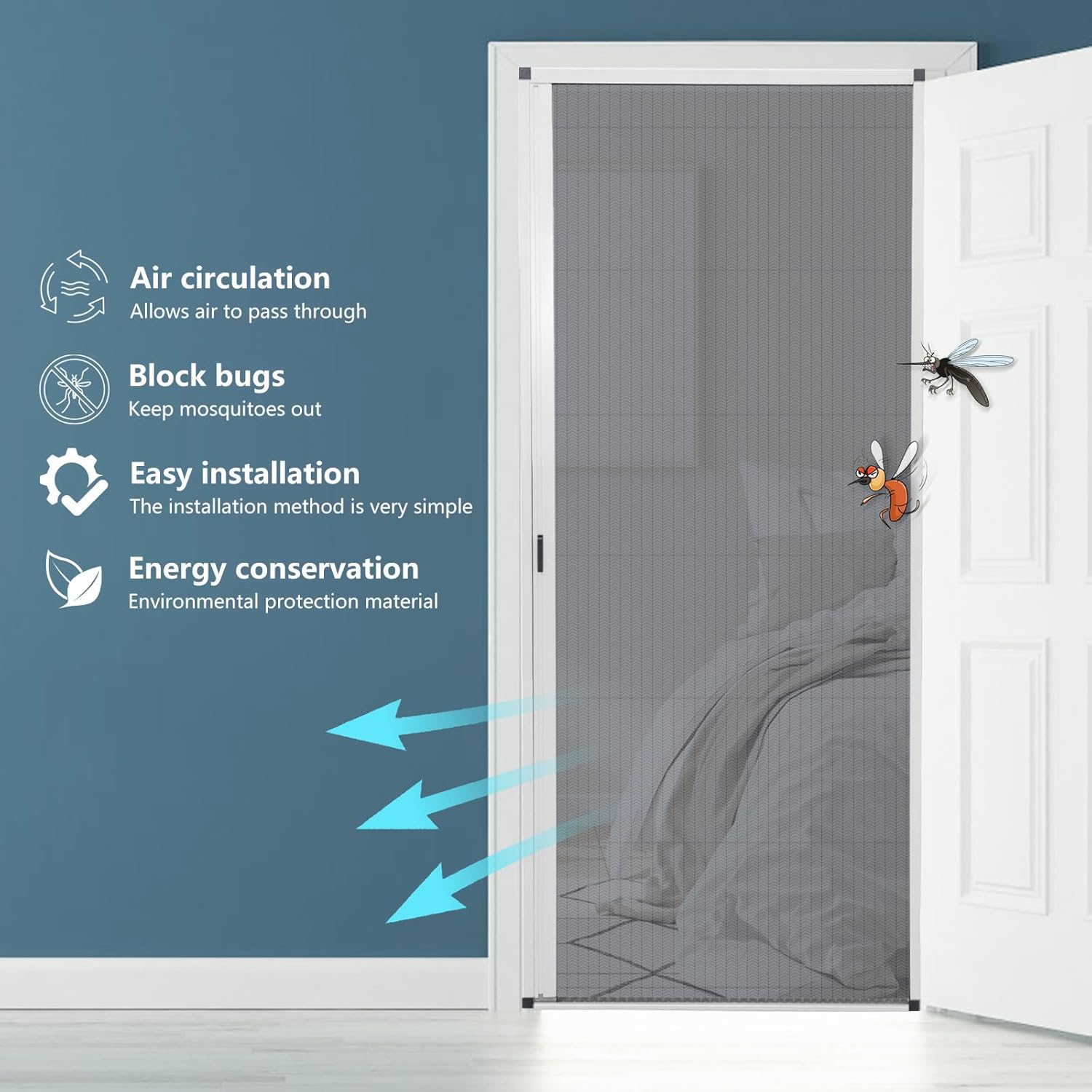 MaKefeile No-Drilling Retractable Screen Door, Folding Sliding Screen Doors with Aluminum Frame for Patio French Front Door Bedroom kitchen, Custom Screen for Single/Double Door, Customize Size, White