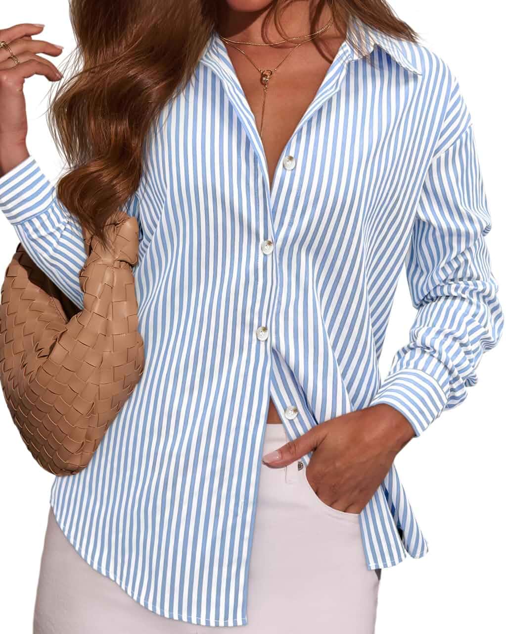 OMSJ Women's Striped Button Down Shirts Casual Long Sleeve Stylish Collared Classic Office Work Blouses Tops Regular