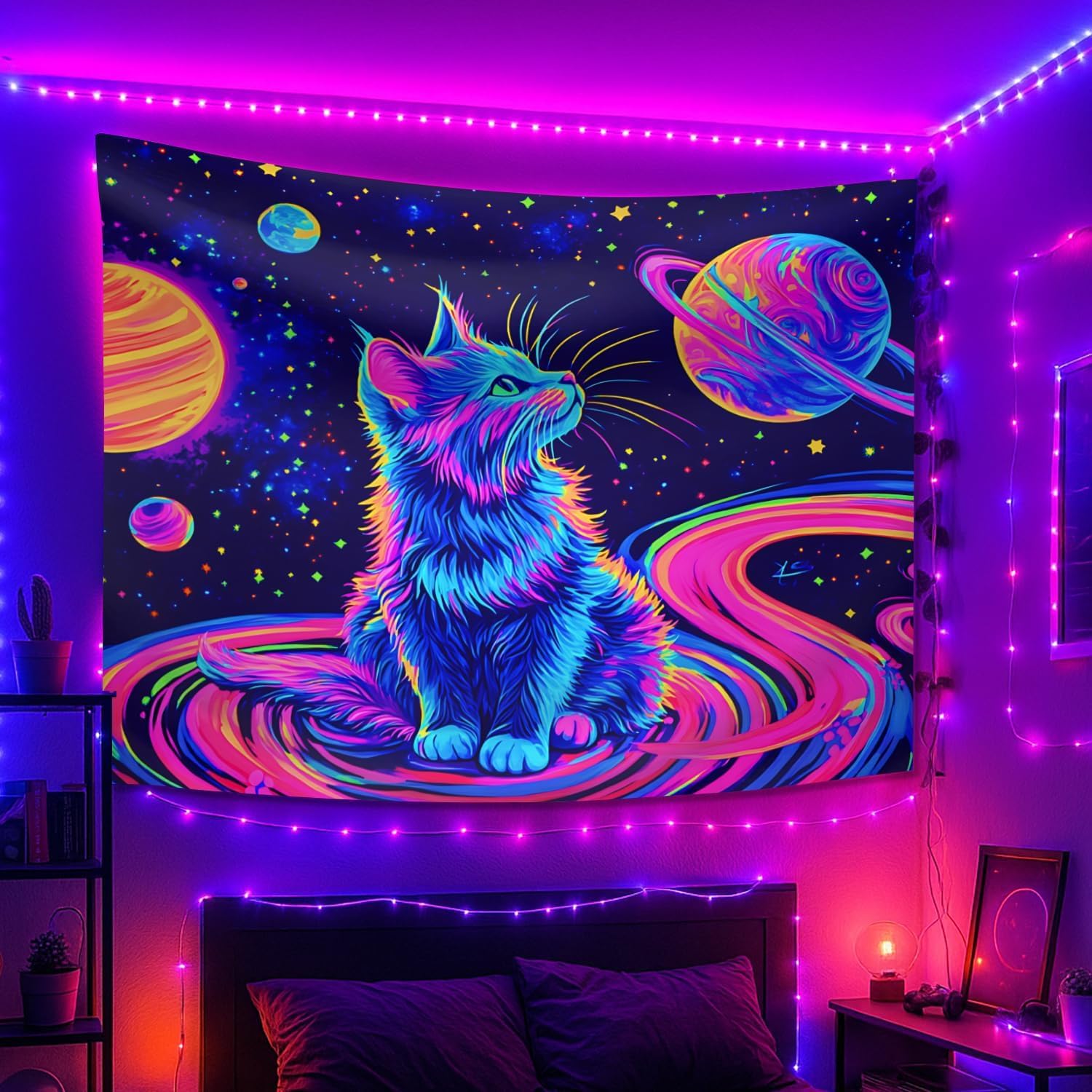 seewan Black Light Space Cat Tapestry, Glow-in-the-Dark UV Neon Galaxy Kitten with Planets Wall Hanging, Psychedelic Cosmic Art Tapestry, Bedroom Dorm Living Room Background Decor