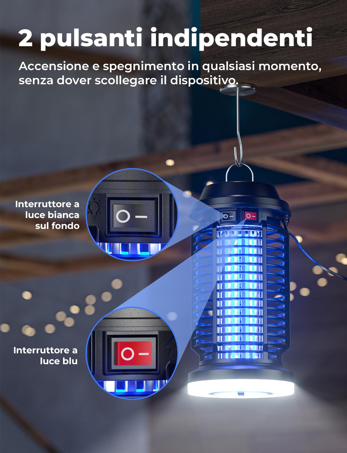 YISSVIC Elektrischer Insektenvernichter 4200V Mückenlampe 15W mit UV-Licht und LED-Beleuchtung Zwei Separate Schalter Wasserdicht IPX4 geeignet für außen und innen 28 x 13.5cm
