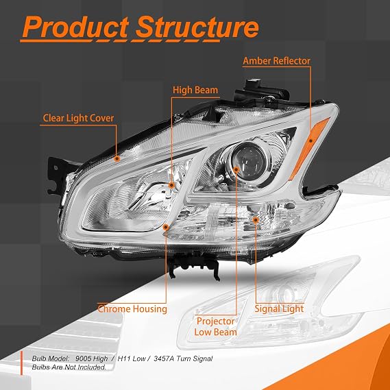 Chrome Housing Amber Side Factory Style Projector Headlights Compatible with 2009-2014 Nissan Maxima CAAP-NM09-OH-CHAM-HL