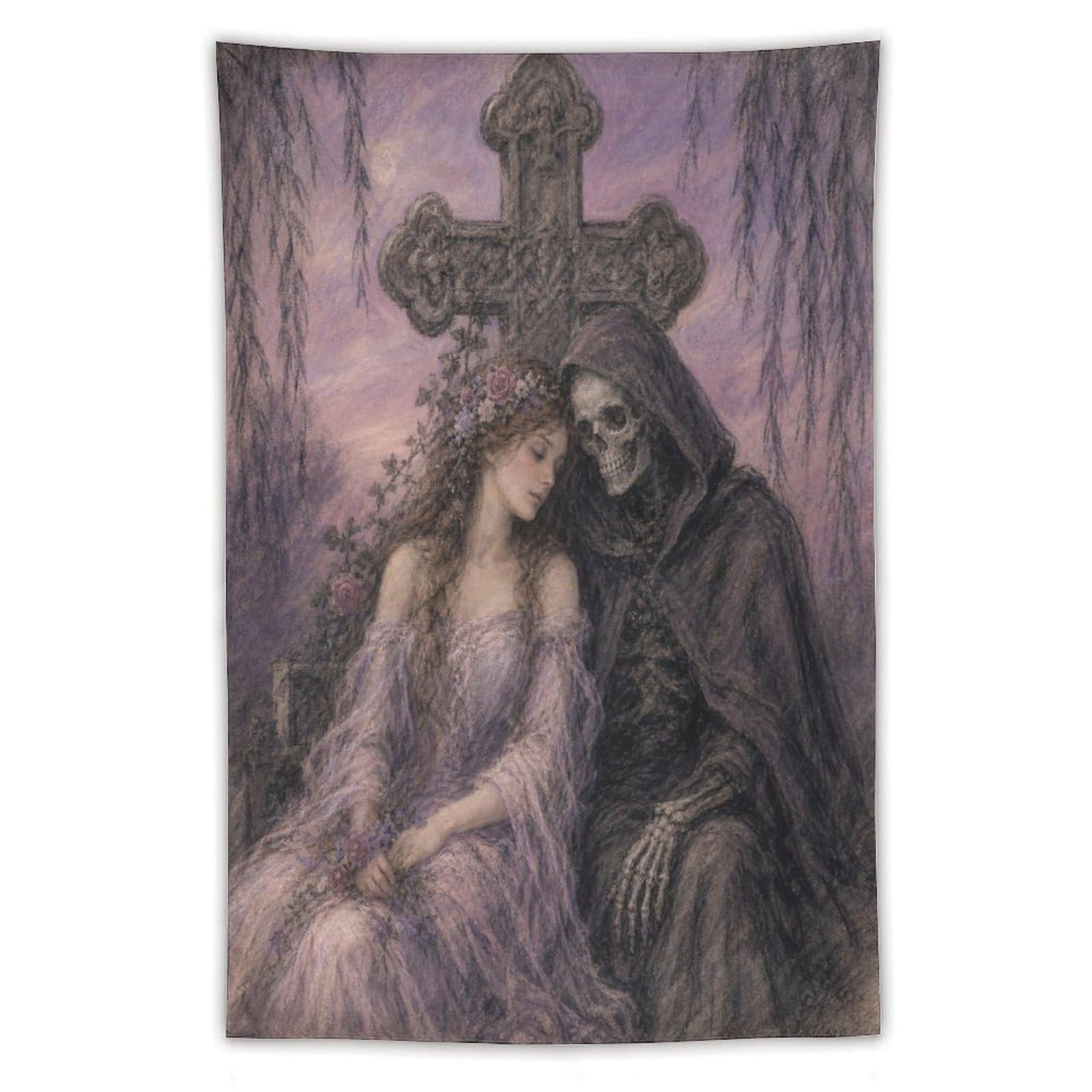 H3B8U2Y5 Gothic Bride with Death Wall Tapestry, Gothic Oil, Backdrop