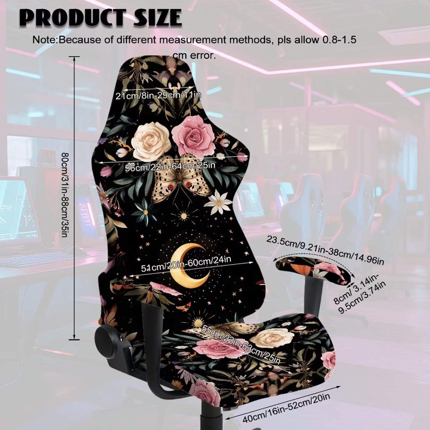 Moon Butterfly Flower Star Print Gaming Chair Covers Slipcovers Washable, 4 Pieces Stretchable Elastic Computer Reclining Gaming Chair Seat Cover with Armrest Cover