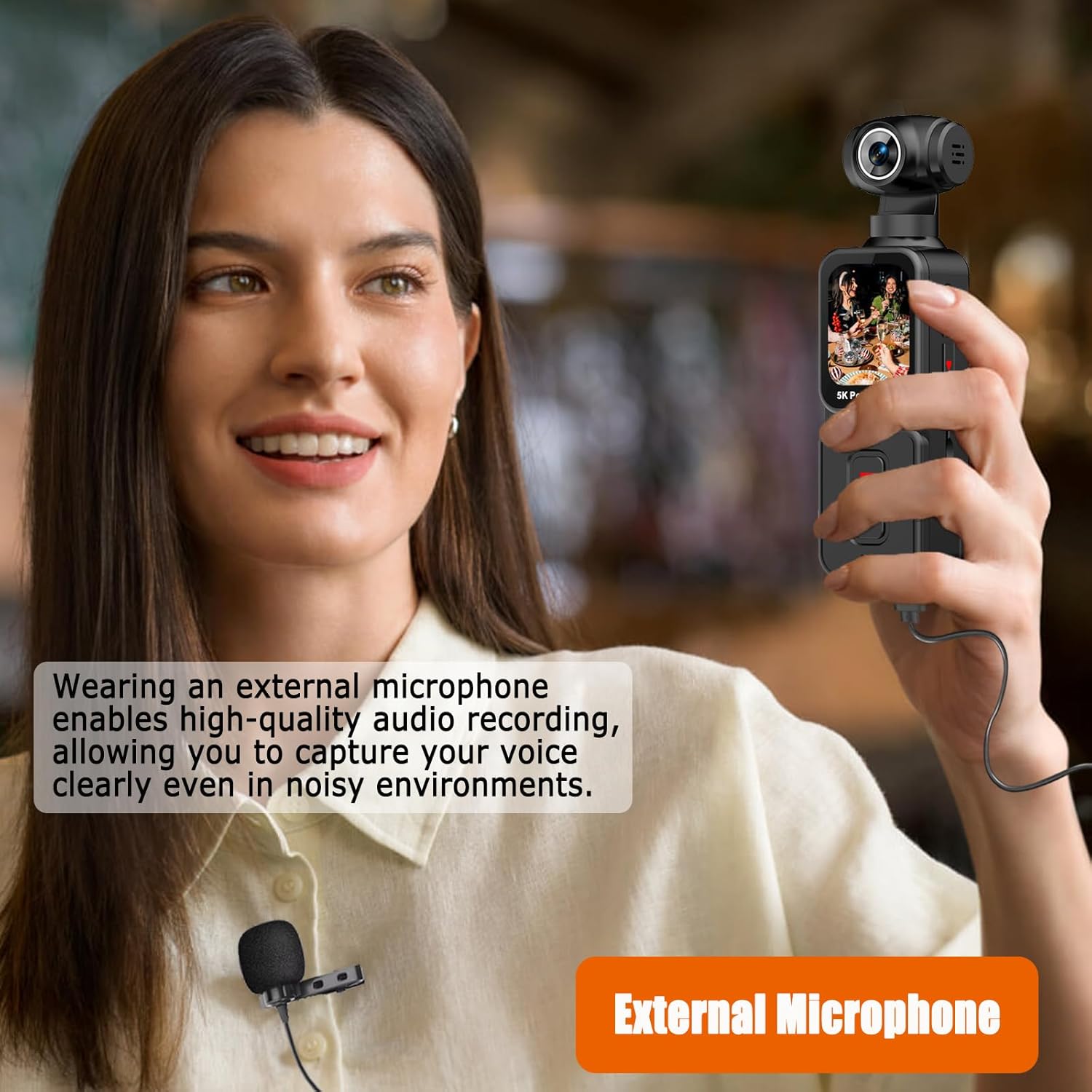 Pocket Camera 5K with Face Detection Automatic Rotating Lens, Vlogging Camera Body Cam with Rotatable Touch Screen, External Mic, Remote Control, 64GB Card