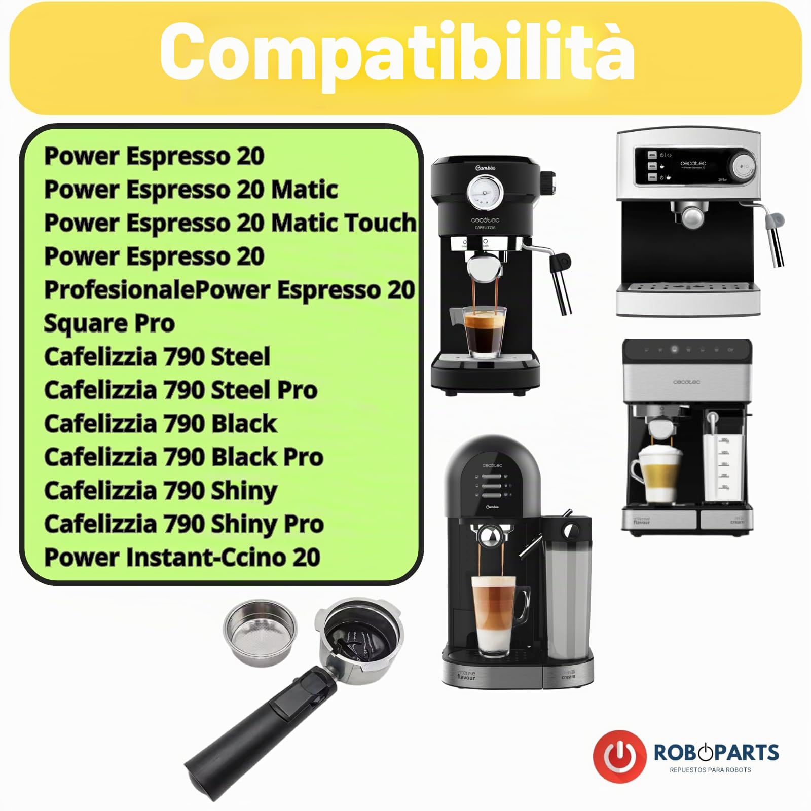 Roboparts® Portafiltro da caffè in acciaio inox da 51 mm per caffettiera Cecotec Power Expresso 20, Cafelizzia 790, Power Instact-ccino 20
