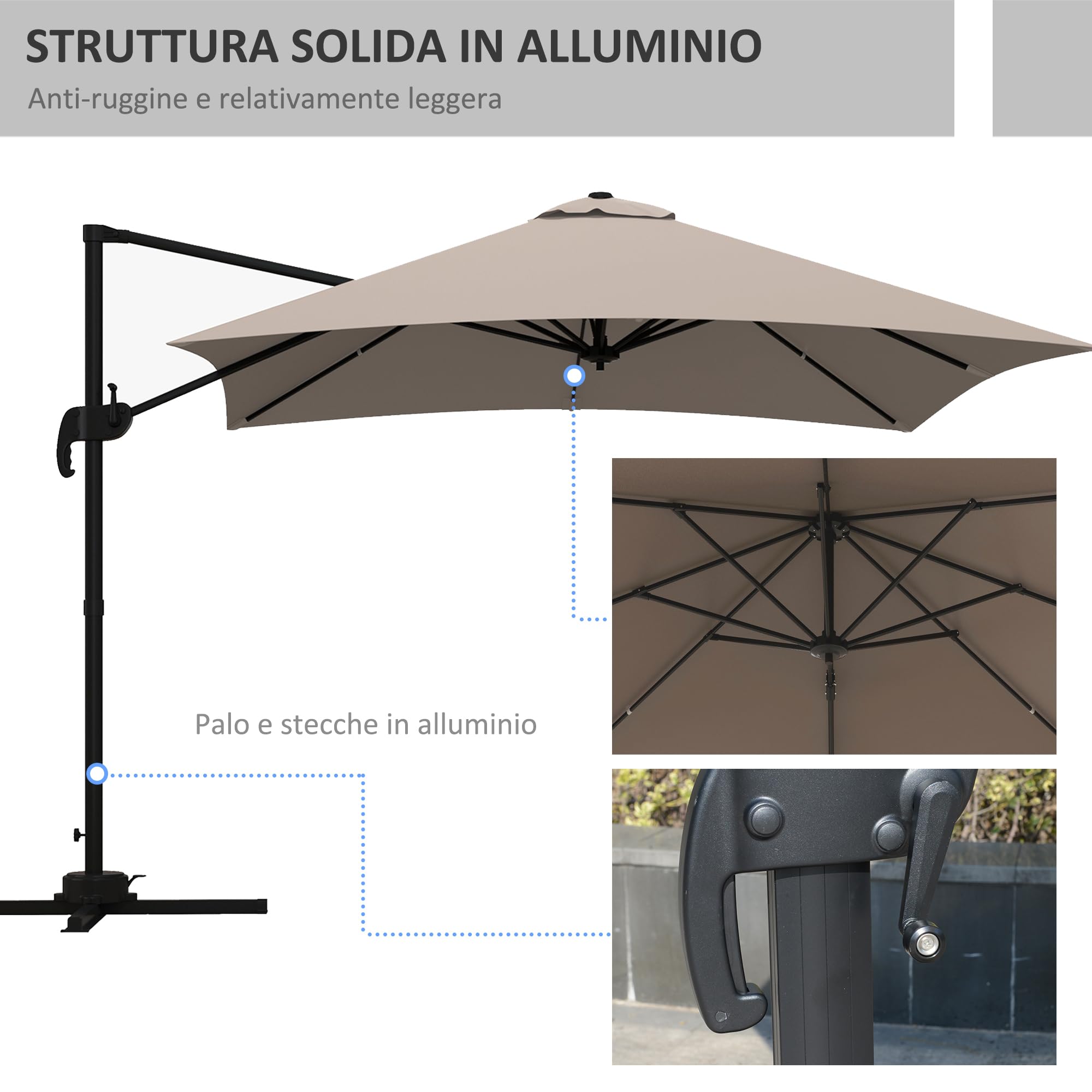 Outsunny Ombrellone da Giardino Manovella 3x3 m Inclinabile 360 | Ombrellone Decentrato a Braccio, Base a Croce, Girevole a 360°, Poliestere 250g/㎡, Alluminio